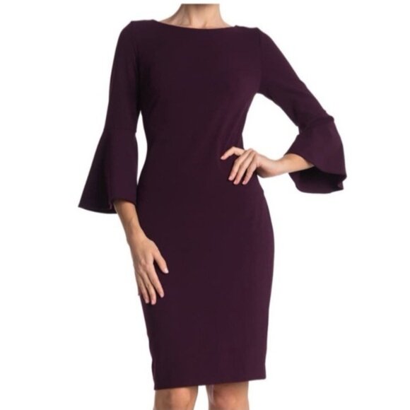 Calvin Klein Scuba Sheath Dress 6 Plum 3/4 Sleeve Stretch Career Party Washable - Picture 1 of 11